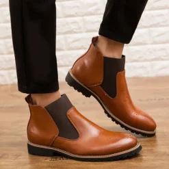 OUKU Men's Brown Faux Leather Chelsea Boots – Stylish Slip-On Ankle Boots with Rugged Tread and Perforated Detailing