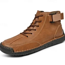 OUKU Men's Brown Faux Leather Casual Ankle Boots - Lace-Up Design with Adjustable Strap and Non-Slip Sole for Everyday Comfort