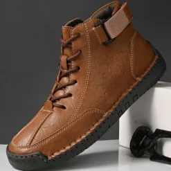 OUKU Men's Brown Faux Leather Casual Ankle Boots - Lace-Up Design with Adjustable Strap and Non-Slip Sole for Everyday Comfort