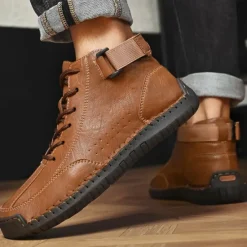 OUKU Men's Brown Faux Leather Casual Ankle Boots - Lace-Up Design with Adjustable Strap and Non-Slip Sole for Everyday Comfort