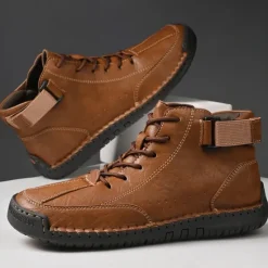 OUKU Men's Brown Faux Leather Casual Ankle Boots - Lace-Up Design with Adjustable Strap and Non-Slip Sole for Everyday Comfort