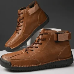 OUKU Men's Brown Faux Leather Casual Ankle Boots - Lace-Up Design with Adjustable Strap and Non-Slip Sole for Everyday Comfort