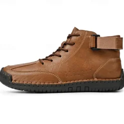 OUKU Men's Brown Faux Leather Casual Ankle Boots - Lace-Up Design with Adjustable Strap and Non-Slip Sole for Everyday Comfort
