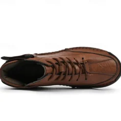OUKU Men's Brown Faux Leather Casual Ankle Boots - Lace-Up Design with Adjustable Strap and Non-Slip Sole for Everyday Comfort