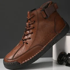 OUKU Men's Brown Faux Leather Casual Ankle Boots - Lace-Up Design with Adjustable Strap and Non-Slip Sole for Everyday Comfort