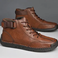 OUKU Men's Brown Faux Leather Casual Ankle Boots - Lace-Up Design with Adjustable Strap and Non-Slip Sole for Everyday Comfort