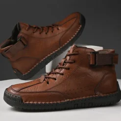 OUKU Men's Brown Faux Leather Casual Ankle Boots - Lace-Up Design with Adjustable Strap and Non-Slip Sole for Everyday Comfort