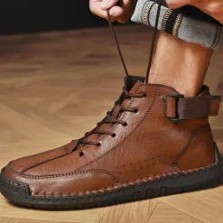 OUKU Men's Brown Faux Leather Casual Ankle Boots - Lace-Up Design with Adjustable Strap and Non-Slip Sole for Everyday Comfort