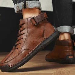 OUKU Men's Brown Faux Leather Casual Ankle Boots - Lace-Up Design with Adjustable Strap and Non-Slip Sole for Everyday Comfort
