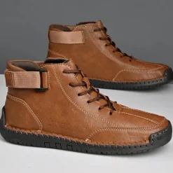 OUKU Men's Brown Faux Leather Casual Ankle Boots - Lace-Up Design with Adjustable Strap and Non-Slip Sole for Everyday Comfort