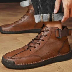 OUKU Men's Brown Faux Leather Casual Ankle Boots - Lace-Up Design with Adjustable Strap and Non-Slip Sole for Everyday Comfort