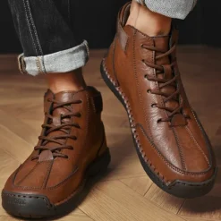 OUKU Men's Brown Faux Leather Casual Ankle Boots - Lace-Up Design with Adjustable Strap and Non-Slip Sole for Everyday Comfort