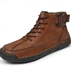 OUKU Men's Brown Faux Leather Casual Ankle Boots - Lace-Up Design with Adjustable Strap and Non-Slip Sole for Everyday Comfort