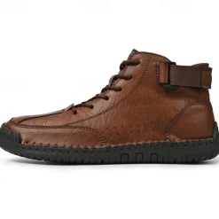 OUKU Men's Brown Faux Leather Casual Ankle Boots - Lace-Up Design with Adjustable Strap and Non-Slip Sole for Everyday Comfort