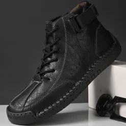 OUKU Men's Brown Faux Leather Casual Ankle Boots - Lace-Up Design with Adjustable Strap and Non-Slip Sole for Everyday Comfort