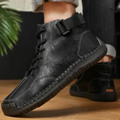 OUKU Men's Brown Faux Leather Casual Ankle Boots - Lace-Up Design with Adjustable Strap and Non-Slip Sole for Everyday Comfort