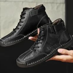 OUKU Men's Brown Faux Leather Casual Ankle Boots - Lace-Up Design with Adjustable Strap and Non-Slip Sole for Everyday Comfort