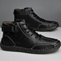 OUKU Men's Brown Faux Leather Casual Ankle Boots - Lace-Up Design with Adjustable Strap and Non-Slip Sole for Everyday Comfort