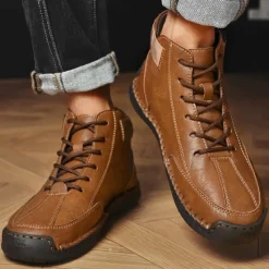 OUKU Men's Brown Faux Leather Casual Ankle Boots - Lace-Up Design with Adjustable Strap and Non-Slip Sole for Everyday Comfort