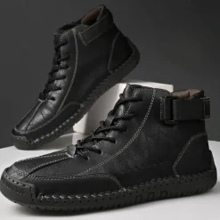 OUKU Men's Brown Faux Leather Casual Ankle Boots - Lace-Up Design with Adjustable Strap and Non-Slip Sole for Everyday Comfort