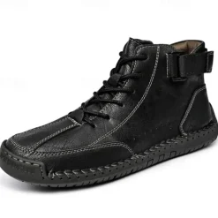 OUKU Men's Brown Faux Leather Casual Ankle Boots - Lace-Up Design with Adjustable Strap and Non-Slip Sole for Everyday Comfort