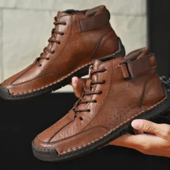 OUKU Men's Brown Faux Leather Casual Ankle Boots - Lace-Up Design with Adjustable Strap and Non-Slip Sole for Everyday Comfort