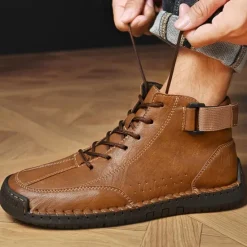 OUKU Men's Brown Faux Leather Casual Ankle Boots - Lace-Up Design with Adjustable Strap and Non-Slip Sole for Everyday Comfort