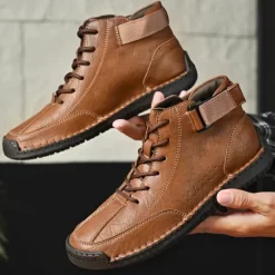 OUKU Men's Brown Faux Leather Casual Ankle Boots - Lace-Up Design with Adjustable Strap and Non-Slip Sole for Everyday Comfort