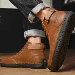OUKU Men's Brown Faux Leather Casual Ankle Boots - Lace-Up Design with Adjustable Strap and Non-Slip Sole for Everyday Comfort
