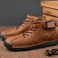 OUKU Men's Brown Faux Leather Casual Ankle Boots - Lace-Up Design with Adjustable Strap and Non-Slip Sole for Everyday Comfort