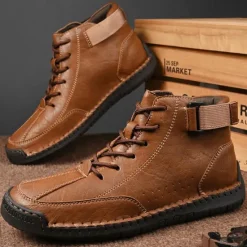 OUKU Men's Brown Faux Leather Casual Ankle Boots - Lace-Up Design with Adjustable Strap and Non-Slip Sole for Everyday Comfort