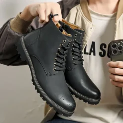 Outlet OUKU Men's Brown Faux Leather Lace-Up Ankle Boots with Brogue Detail and Rugged Sole – Classic and Durable Outdoor Style