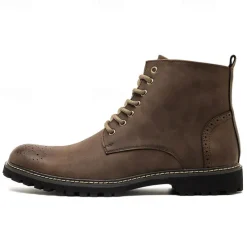Outlet OUKU Men's Brown Faux Leather Lace-Up Ankle Boots with Brogue Detail and Rugged Sole – Classic and Durable Outdoor Style