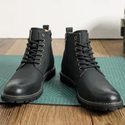 Outlet OUKU Men's Brown Faux Leather Lace-Up Ankle Boots with Brogue Detail and Rugged Sole – Classic and Durable Outdoor Style