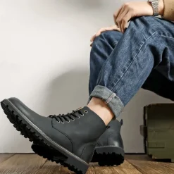 Outlet OUKU Men's Brown Faux Leather Lace-Up Ankle Boots with Brogue Detail and Rugged Sole – Classic and Durable Outdoor Style