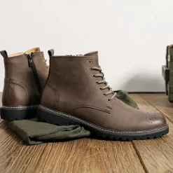 Outlet OUKU Men's Brown Faux Leather Lace-Up Ankle Boots with Brogue Detail and Rugged Sole – Classic and Durable Outdoor Style