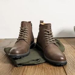Outlet OUKU Men's Brown Faux Leather Lace-Up Ankle Boots with Brogue Detail and Rugged Sole – Classic and Durable Outdoor Style