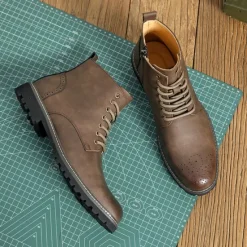 Outlet OUKU Men's Brown Faux Leather Lace-Up Ankle Boots with Brogue Detail and Rugged Sole – Classic and Durable Outdoor Style