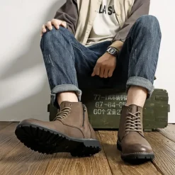 Outlet OUKU Men's Brown Faux Leather Lace-Up Ankle Boots with Brogue Detail and Rugged Sole – Classic and Durable Outdoor Style