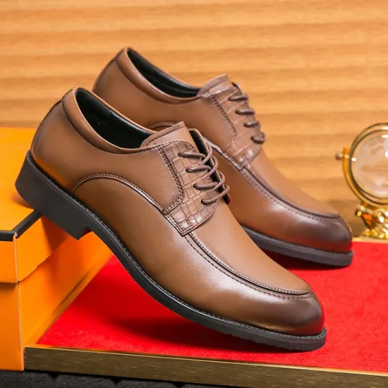 Discount OUKU Men's Brown Faux Leather Lace-Up Dress Shoes with Woven Detail, Classic Formal Style, Comfortable for Weddings and Business Events