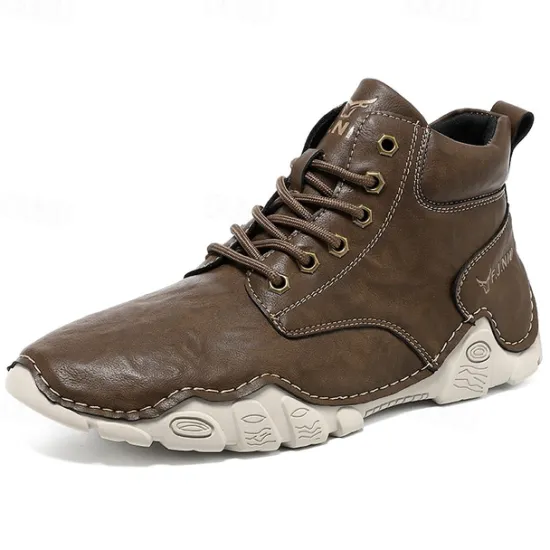 Best OUKU Men's Brown Faux Leather Lace-Up Ankle Boots | Durable Outdoor Footwear with Non-Slip Sole for Hiking and Casual Wear