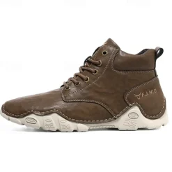 Best OUKU Men's Brown Faux Leather Lace-Up Ankle Boots | Durable Outdoor Footwear with Non-Slip Sole for Hiking and Casual Wear