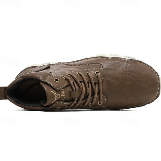 Best OUKU Men's Brown Faux Leather Lace-Up Ankle Boots | Durable Outdoor Footwear with Non-Slip Sole for Hiking and Casual Wear
