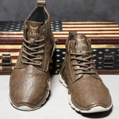 Best OUKU Men's Brown Faux Leather Lace-Up Ankle Boots | Durable Outdoor Footwear with Non-Slip Sole for Hiking and Casual Wear
