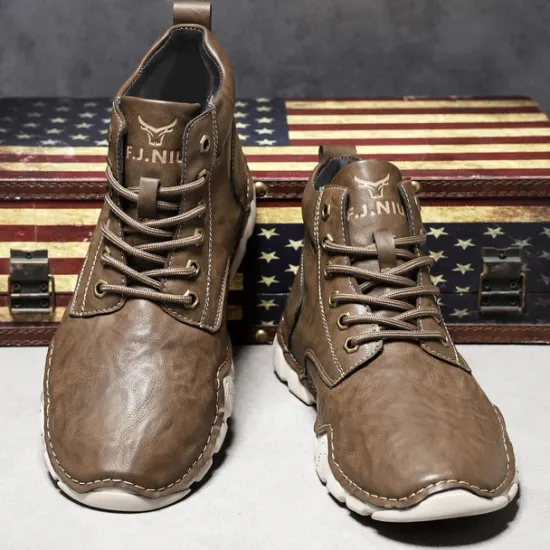 Best OUKU Men's Brown Faux Leather Lace-Up Ankle Boots | Durable Outdoor Footwear with Non-Slip Sole for Hiking and Casual Wear
