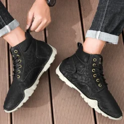 Best OUKU Men's Brown Faux Leather Lace-Up Ankle Boots | Durable Outdoor Footwear with Non-Slip Sole for Hiking and Casual Wear