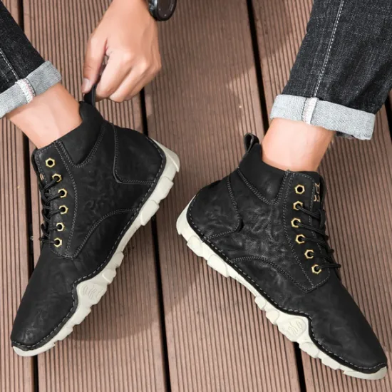 Best OUKU Men's Brown Faux Leather Lace-Up Ankle Boots | Durable Outdoor Footwear with Non-Slip Sole for Hiking and Casual Wear