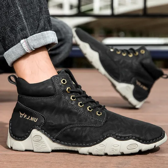 Best OUKU Men's Brown Faux Leather Lace-Up Ankle Boots | Durable Outdoor Footwear with Non-Slip Sole for Hiking and Casual Wear