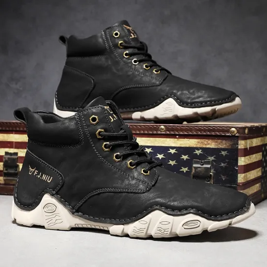 Best OUKU Men's Brown Faux Leather Lace-Up Ankle Boots | Durable Outdoor Footwear with Non-Slip Sole for Hiking and Casual Wear