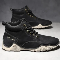 Best OUKU Men's Brown Faux Leather Lace-Up Ankle Boots | Durable Outdoor Footwear with Non-Slip Sole for Hiking and Casual Wear